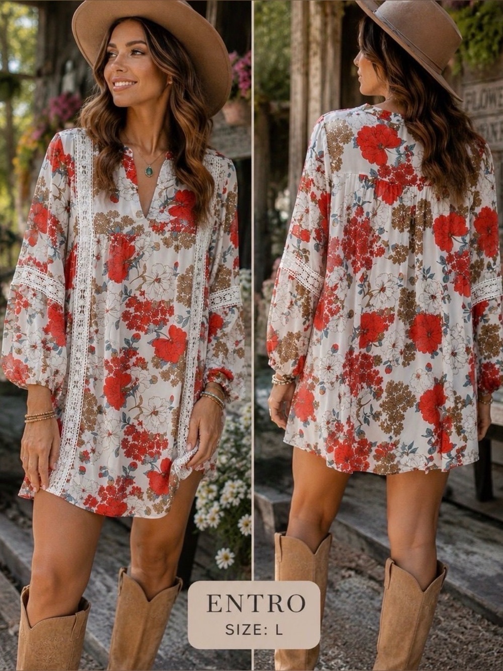 Entro Floral Mini Dress/Tunic Lace Accents